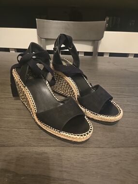 Vince Camuto Black Suede Wedge Espadrille Sandals with Ankle Tie